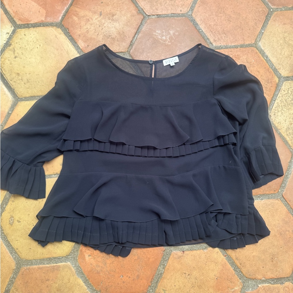 Navy Sheer Paneled Ruffled Women's Top - Claudie Pierlot Size 38